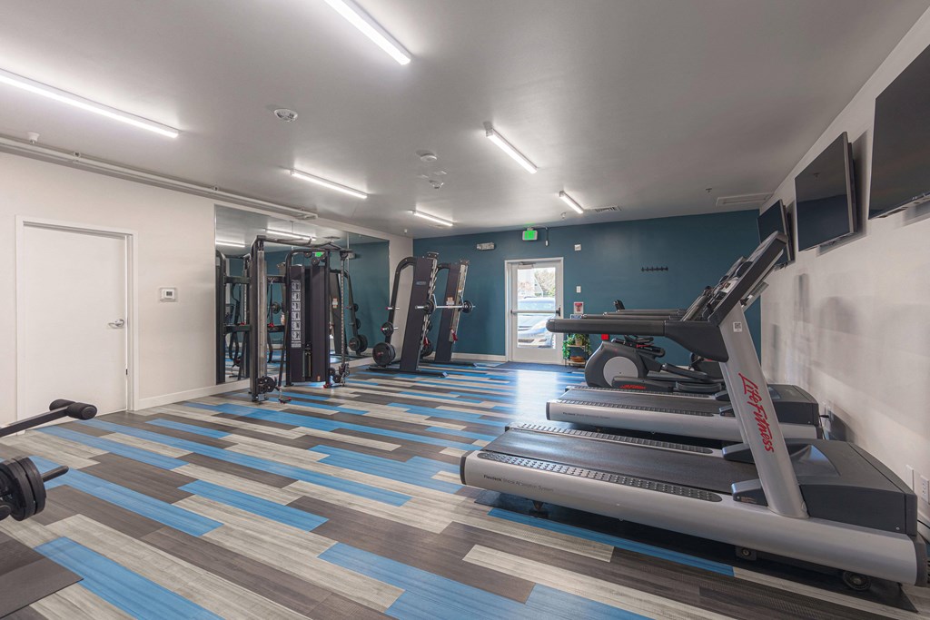 a gym with cardio equipment and weights on the floor and a wall mounted tv